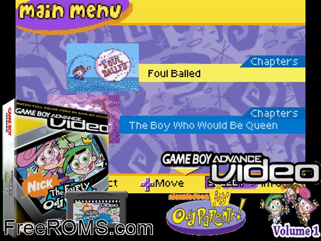 Fairly Odd Parents!, The - Volume 1 (Video) Gameboy Advance game showing 3D box cover and gameplay screenshot