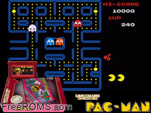 Famicom Mini Vol. 06 - Pac-Man (Japan) Gameboy Advance game showing 3D box cover and gameplay screenshot