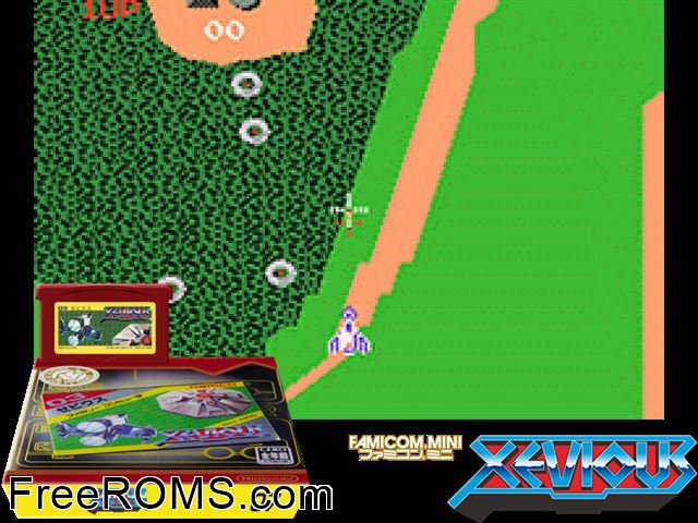 Famicom Mini Vol. 07 - Xevious (Japan) Gameboy Advance game showing 3D box cover and gameplay screenshot