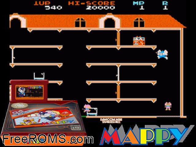 Famicom Mini Vol. 08 - Mappy (Japan) Gameboy Advance game showing 3D box cover and gameplay screenshot