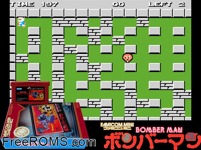 Famicom Mini Vol. 09 - Bomberman (Japan) Gameboy Advance game showing 3D box cover and gameplay screenshot