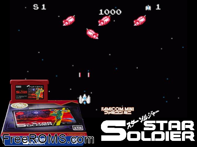 Famicom Mini Vol. 10 - Star Soldier (Japan) Gameboy Advance game showing 3D box cover and gameplay screenshot