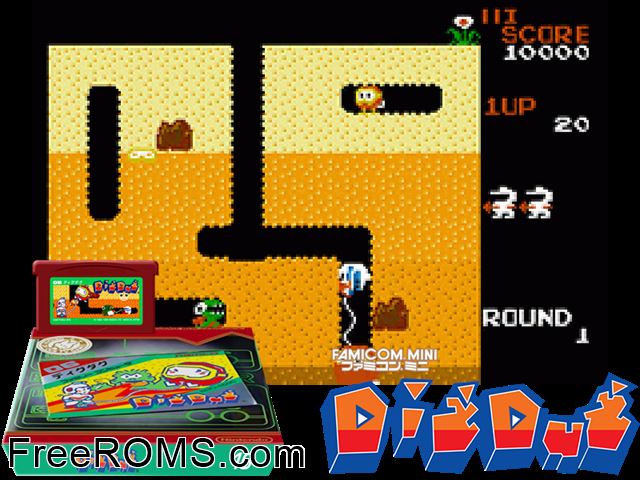 Famicom Mini Vol. 16 - Dig Dug (Japan) Gameboy Advance game showing 3D box cover and gameplay screenshot