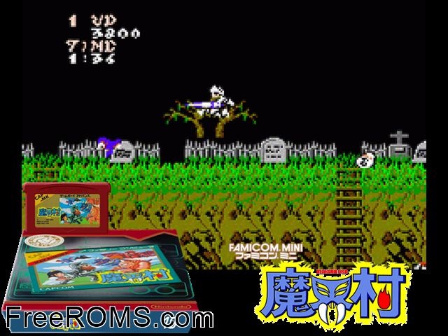Famicom Mini Vol. 18 - Makaimura (Japan) Gameboy Advance game showing 3D box cover and gameplay screenshot