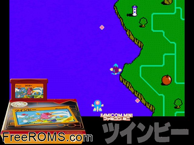 Famicom Mini Vol. 19 - Twin Bee (Japan) Gameboy Advance game showing 3D box cover and gameplay screenshot