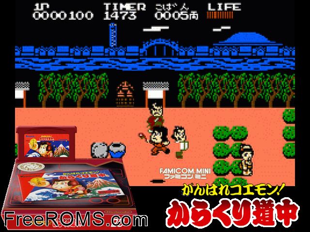 Famicom Mini Vol. 20 - Ganbare Goemon! Karakuri Douchuu (Japan) Gameboy Advance game showing 3D box cover and gameplay screenshot