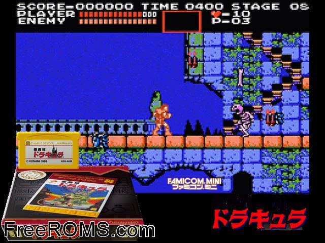 Famicom Mini Vol. 29 - Akumajou Dracula (Japan) Gameboy Advance game showing 3D box cover and gameplay screenshot
