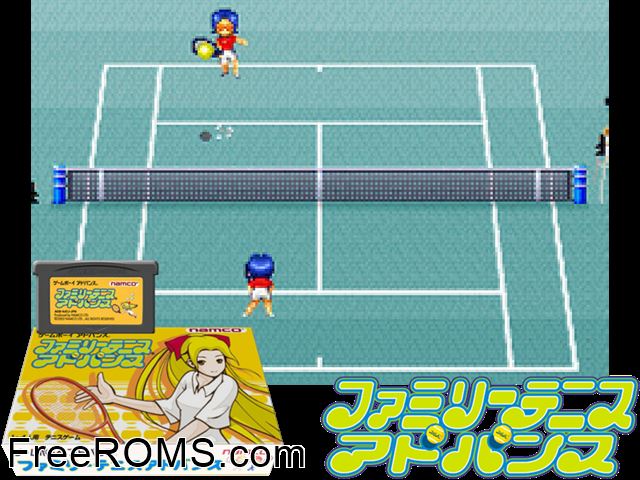 Family Tennis Advance (Japan) Gameboy Advance game showing 3D box cover and gameplay screenshot