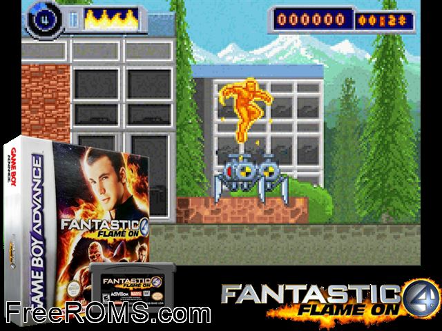 Fantastic 4 - Flame On Gameboy Advance game showing 3D box cover and gameplay screenshot