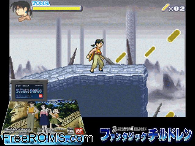 Fantastic Children (Japan) Gameboy Advance game showing 3D box cover and gameplay screenshot