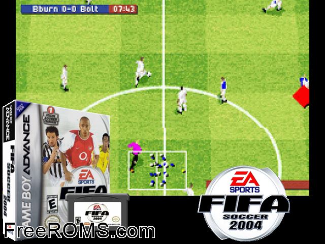 Fifa 2004 Gameboy Advance game showing 3D box cover and gameplay screenshot