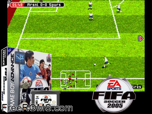 Fifa 2005 Gameboy Advance game showing 3D box cover and gameplay screenshot