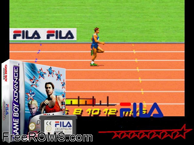 Fila Decathlon Gameboy Advance game showing 3D box cover and gameplay screenshot