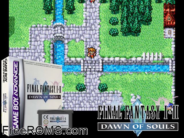 Final Fantasy I And II - Dawn Of Souls Gameboy Advance game showing 3D box cover and gameplay screenshot