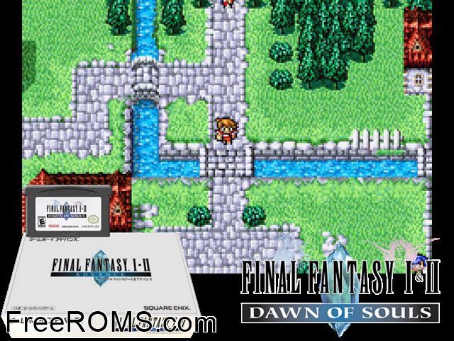 Final Fantasy I - II Advance (Japan) (V1.1) Gameboy Advance game showing 3D box cover and gameplay screenshot