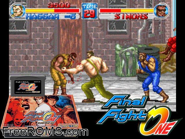 Final Fight One (Japan) Gameboy Advance game showing 3D box cover and gameplay screenshot