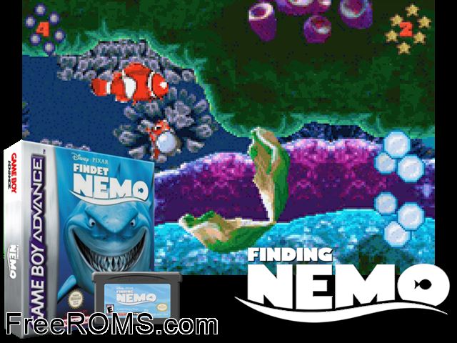 Findet Nemo (Germany) Gameboy Advance game showing 3D box cover and gameplay screenshot