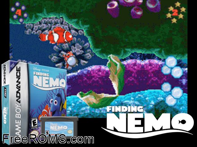 Finding Nemo Gameboy Advance game showing 3D box cover and gameplay screenshot