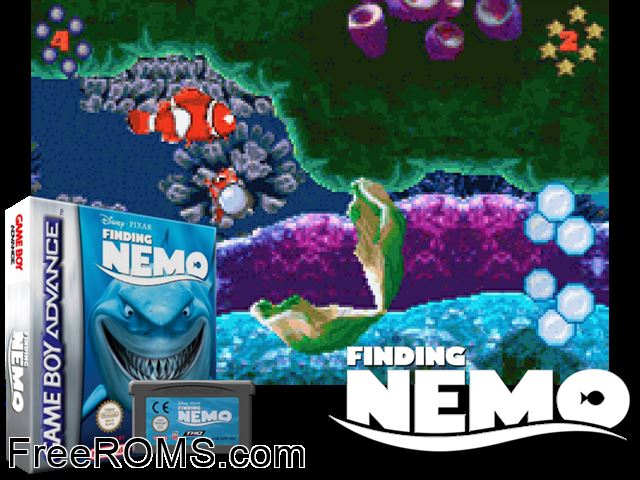 Finding Nemo (Dut-Fre) Gameboy Advance game showing 3D box cover and gameplay screenshot