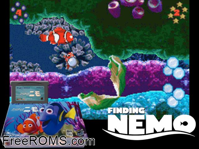 Finding Nemo (Japan) Gameboy Advance game showing 3D box cover and gameplay screenshot