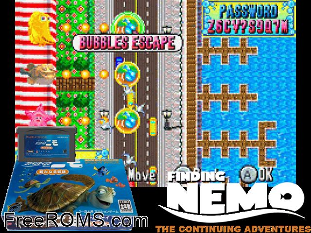 Finding Nemo - Aratanaru Bouken (Japan) Gameboy Advance game showing 3D box cover and gameplay screenshot
