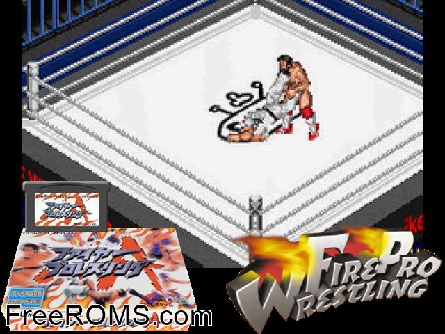 Fire Pro Wrestling A (Japan) Gameboy Advance game showing 3D box cover and gameplay screenshot