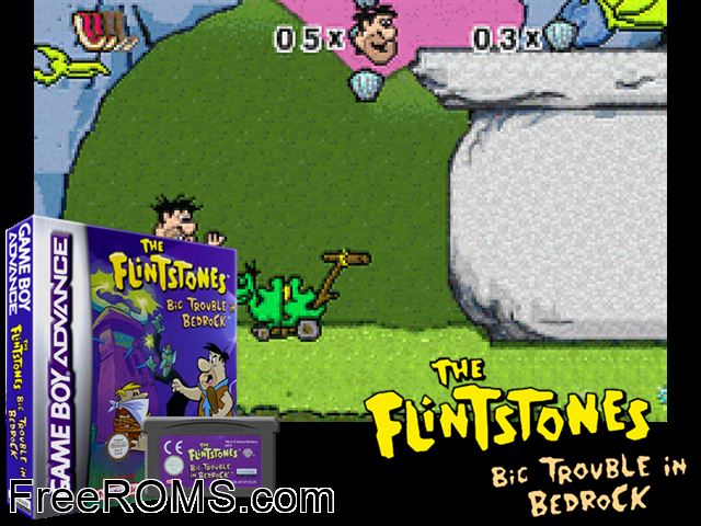 Flintstones, The - Big Trouble In Bedrock Gameboy Advance game showing 3D box cover and gameplay screenshot