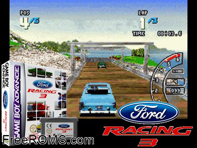 Ford Racing 3 Gameboy Advance game showing 3D box cover and gameplay screenshot