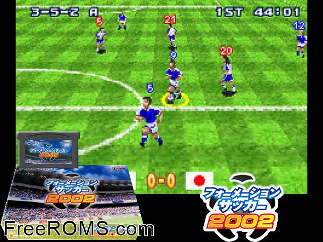 Formation Soccer 2002 (Japan) Gameboy Advance game showing 3D box cover and gameplay screenshot