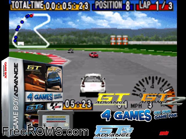 Four Pack Racing - Gt Advance + Gt Advance 2 + Gt Advance 3 + Moto Gp Gameboy Advance game showing 3D box cover and gameplay screenshot