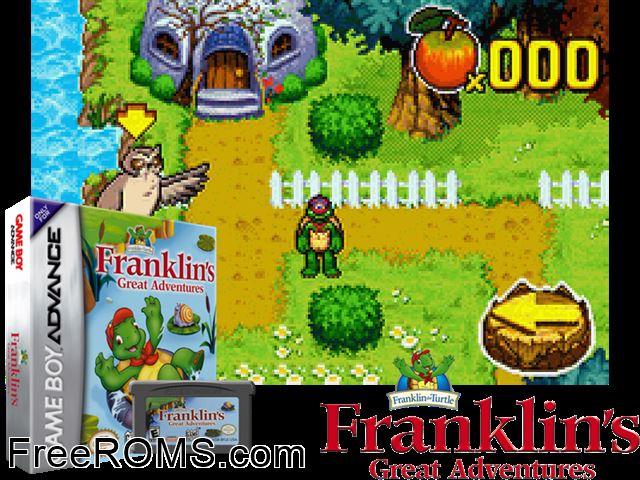 Franklin's Great Adventures Gameboy Advance game showing 3D box cover and gameplay screenshot