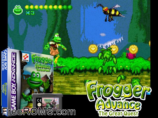 Frogger Advance - The Great Quest Gameboy Advance game showing 3D box cover and gameplay screenshot
