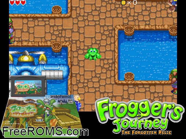 Frogger - Kodaibunmei No Nazo (Japan) Gameboy Advance game showing 3D box cover and gameplay screenshot