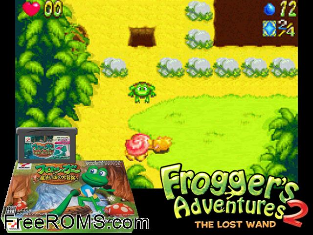 Frogger - Mahou No Kuni No Daibouken (Japan) Gameboy Advance game showing 3D box cover and gameplay screenshot