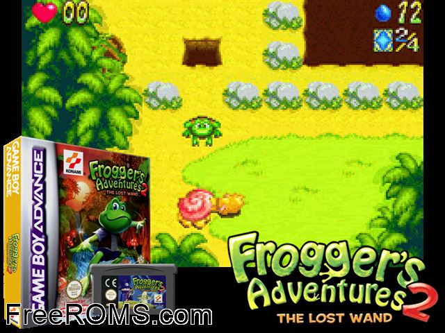 Frogger's Adventures 2 - The Lost Wand Gameboy Advance game showing 3D box cover and gameplay screenshot