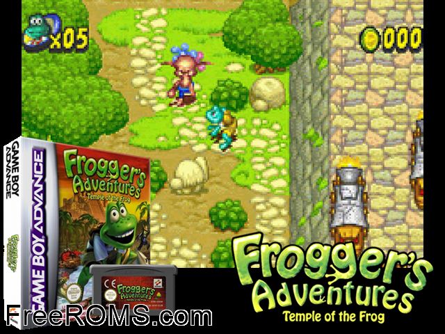 Frogger's Adventures - Temple Of The Frog Gameboy Advance game showing 3D box cover and gameplay screenshot