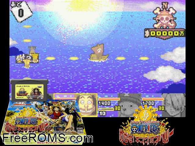 From Tv Animation One Piece - Mezase! King Of Berry (Japan) Gameboy Advance game showing 3D box cover and gameplay screenshot