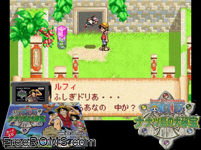 From Tv Animation One Piece - Nanatsu Shima No Daihihou (Japan) Gameboy Advance game showing 3D box cover and gameplay screenshot