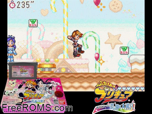Futari Ha Precure - Arienaai! Yume No Sono Ha Daimeikyuu (Japan) Gameboy Advance game showing 3D box cover and gameplay screenshot