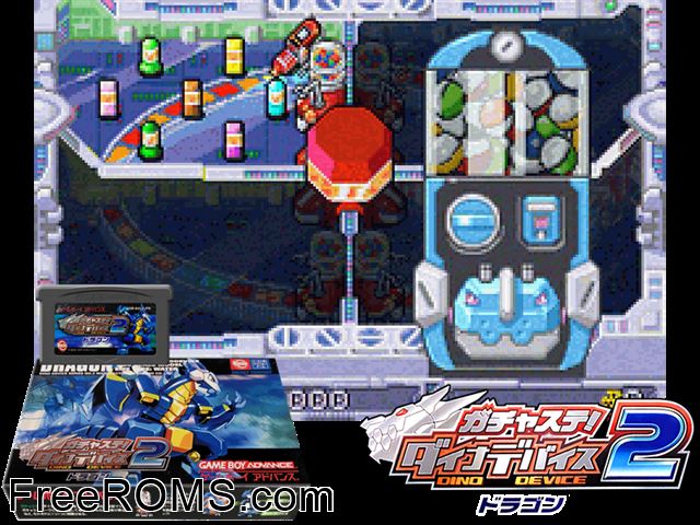 Gachasute! Dino Device 2 - Dragon (Japan) Gameboy Advance game showing 3D box cover and gameplay screenshot