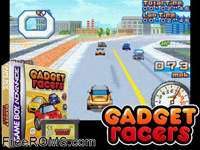 Gadget Racers Gameboy Advance game showing 3D box cover and gameplay screenshot