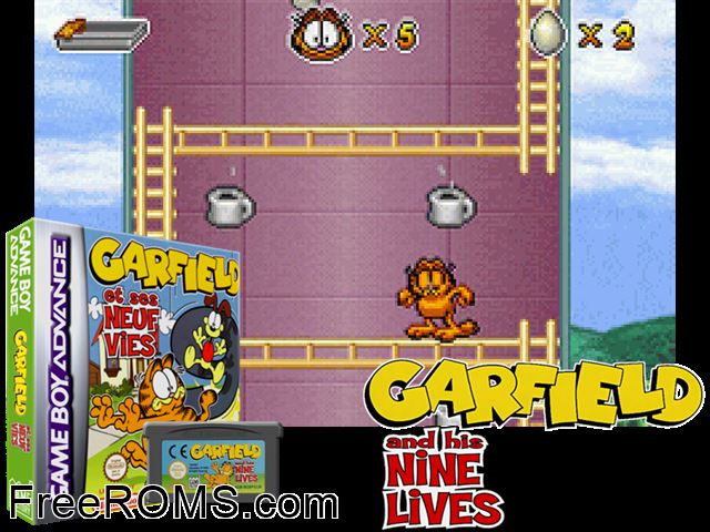 Garfield And His Nine Lives Gameboy Advance game showing 3D box cover and gameplay screenshot