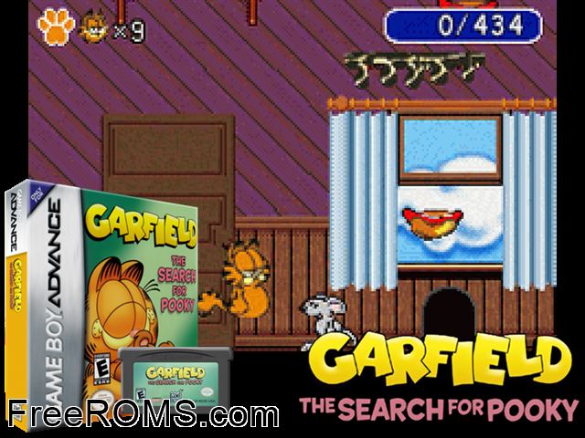 Garfield - The Search For Pooky Gameboy Advance game showing 3D box cover and gameplay screenshot
