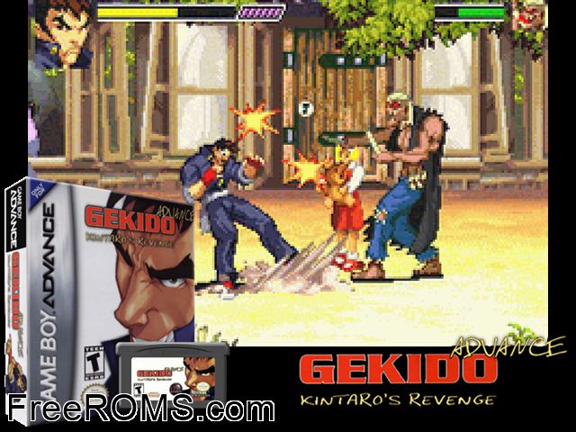 Gekido Advance - Kintaro's Revenge Gameboy Advance game showing 3D box cover and gameplay screenshot