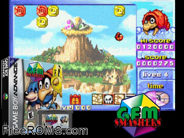 Gem Smashers Gameboy Advance game showing 3D box cover and gameplay screenshot