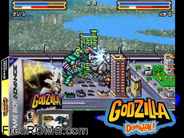 Godzilla - Domination! Gameboy Advance game showing 3D box cover and gameplay screenshot