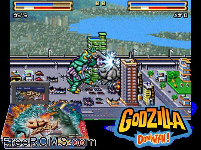 Godzilla - Kaijuu Dairantou Advance (Japan) Gameboy Advance game showing 3D box cover and gameplay screenshot