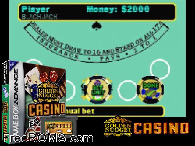 Golden Nugget Casino Gameboy Advance game showing 3D box cover and gameplay screenshot