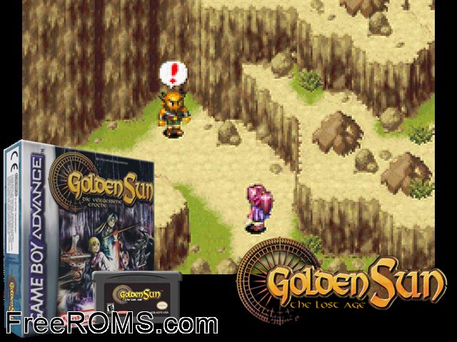 Golden Sun Die Vergessene Epoche (Germany) Gameboy Advance game showing 3D box cover and gameplay screenshot