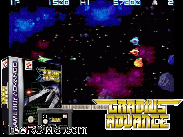 Gradius Advance Gameboy Advance game showing 3D box cover and gameplay screenshot
